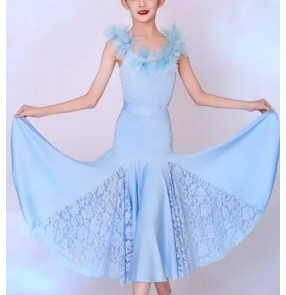 Girls kids light blue lace flowers ballroom latin dance dresses stage performance competition contest waltz tango performance gown for girls
